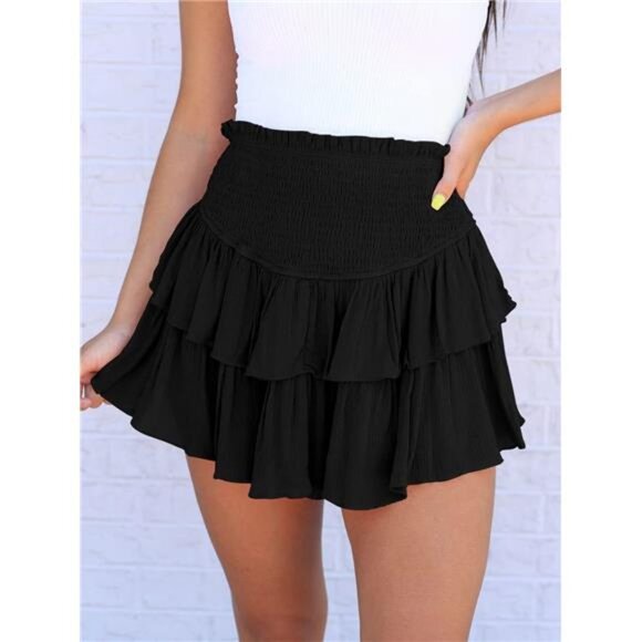 High Waist Ruffle Flowy Mini Skirts Stretchy Waist Solid Lined Layered Pleated - Picture 4 of 7